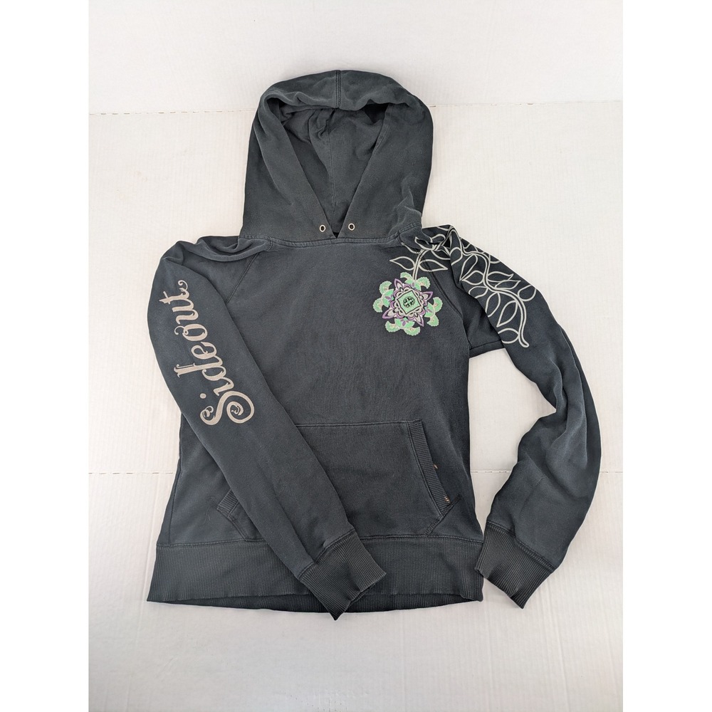 Sideout Hoodie Womens Medium Black Y2K Gothic Skater Grunge Distressed Spellout